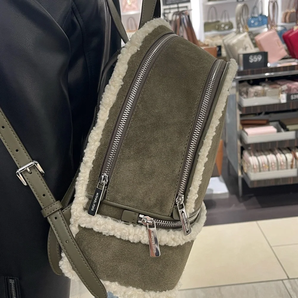 MICHAEL KORS Rhea Medium Suede and Faux Shearling Backpack Olive NWT